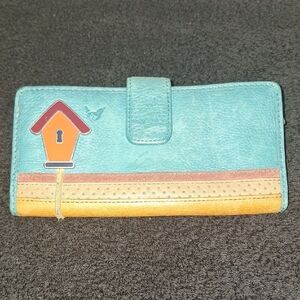Fossil Leather Wallet- Birdhouse Detail-Teal/Tans